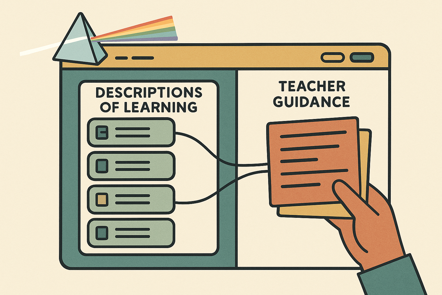 An illustration of the Prism Curriculum Tool, with WJEC teacher guidance mapped onto Descriptions of Learning