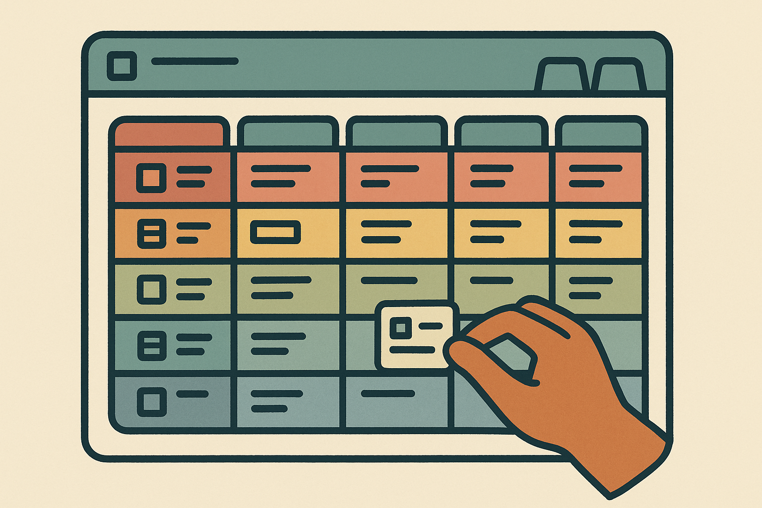 An illustration of the Rainbow Curriculum Tool planner, with cards being arranged into a grid of subjects and year groups